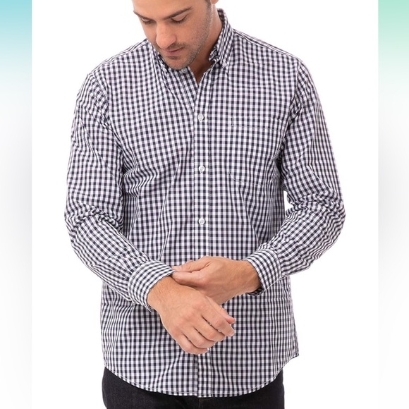 NIP chef works gingham dress shirt navy white check size large - Picture 1 of 6